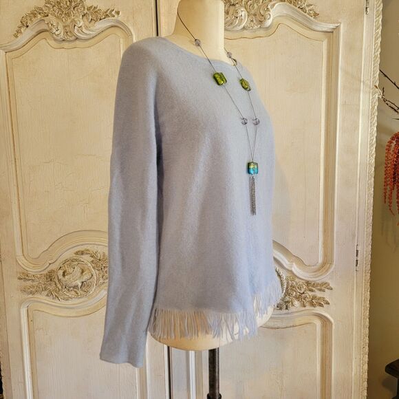 Griffen 100% Fringed Cashmere Baby Blue Knit Sweater Women's Size S Small - Picture 4 of 6